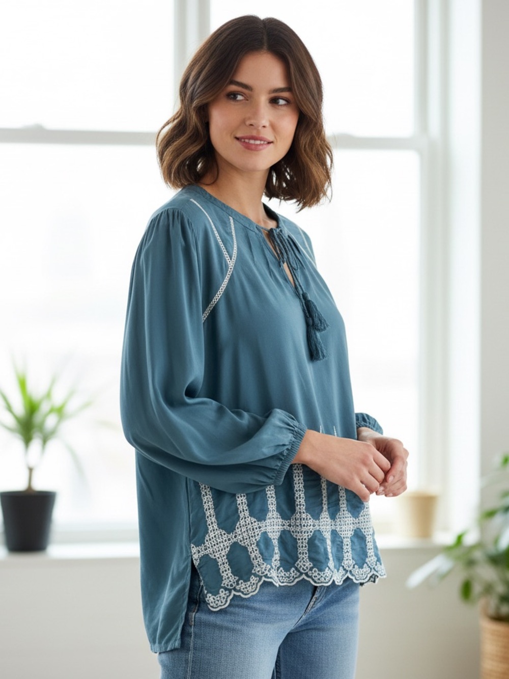 Avaleigh peasant blue blouse tassels tie white embroidery long sleeve size small